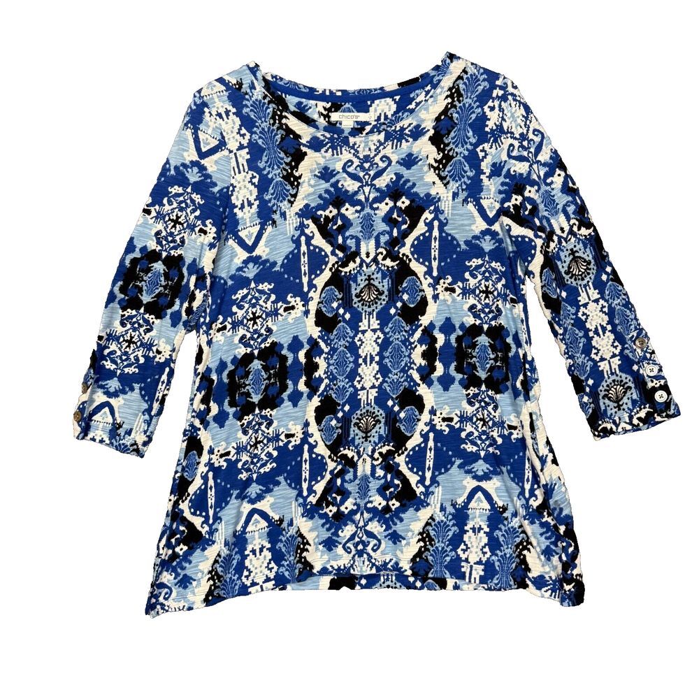 Chicos Shirt Womens 1 US Medium Blue‎ Black Geometric Print Knit Tee 3/4 Sleeve